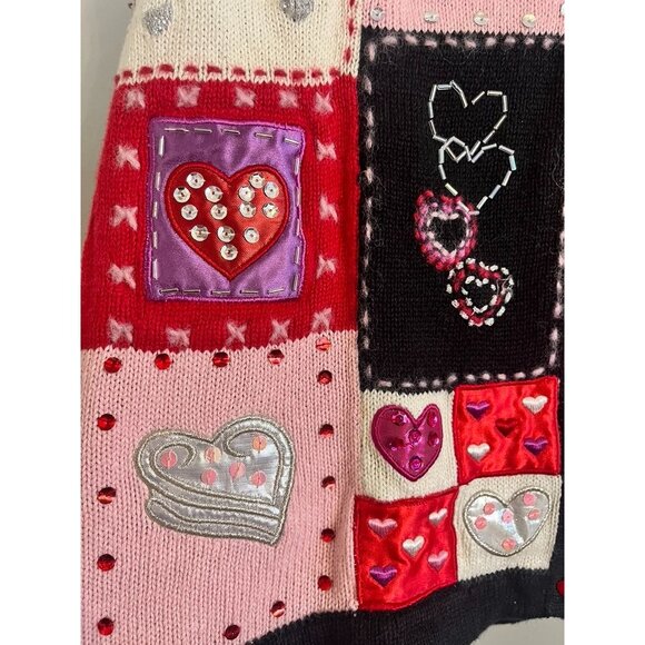 Retro Valentine Sweater Knit Vest Pink 12 Beaded Patchwork Classic Chic Metallic - Picture 2 of 11